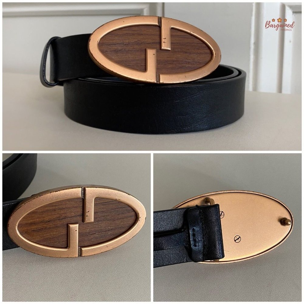 Authentic Gucci Vintage Black Leather Bronze Interlocking G Wood Belt 80/32 - Picture 2 of 12